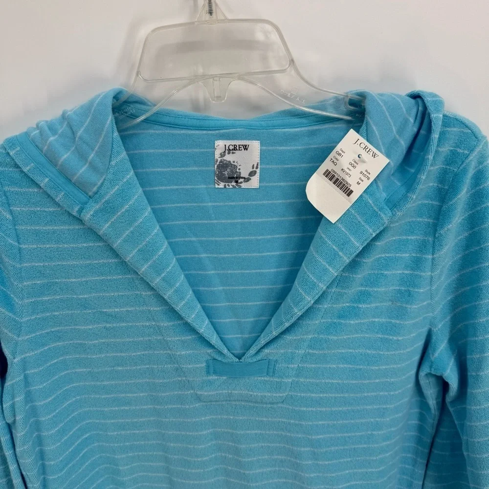 J.CREW NWT Top Womens Size M Terry Striped Hoodie 3/4 Sleeve Pullover blue